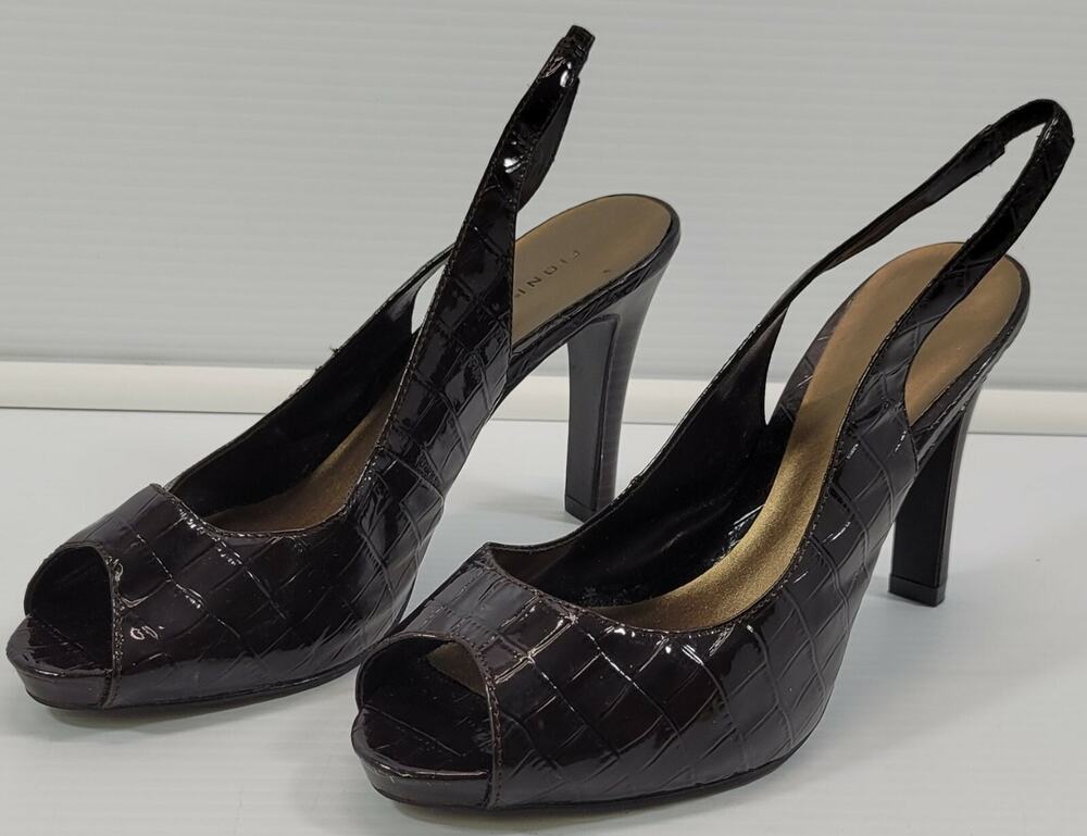 GG) Fioni Checkered Dark Brown Faux Leather Open Toe High Heel Women's Shoes 8